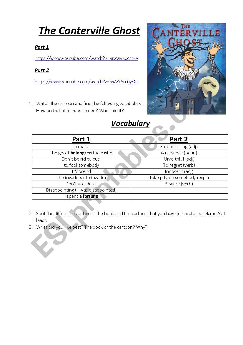 The Canterville Ghost cartoon-based handout