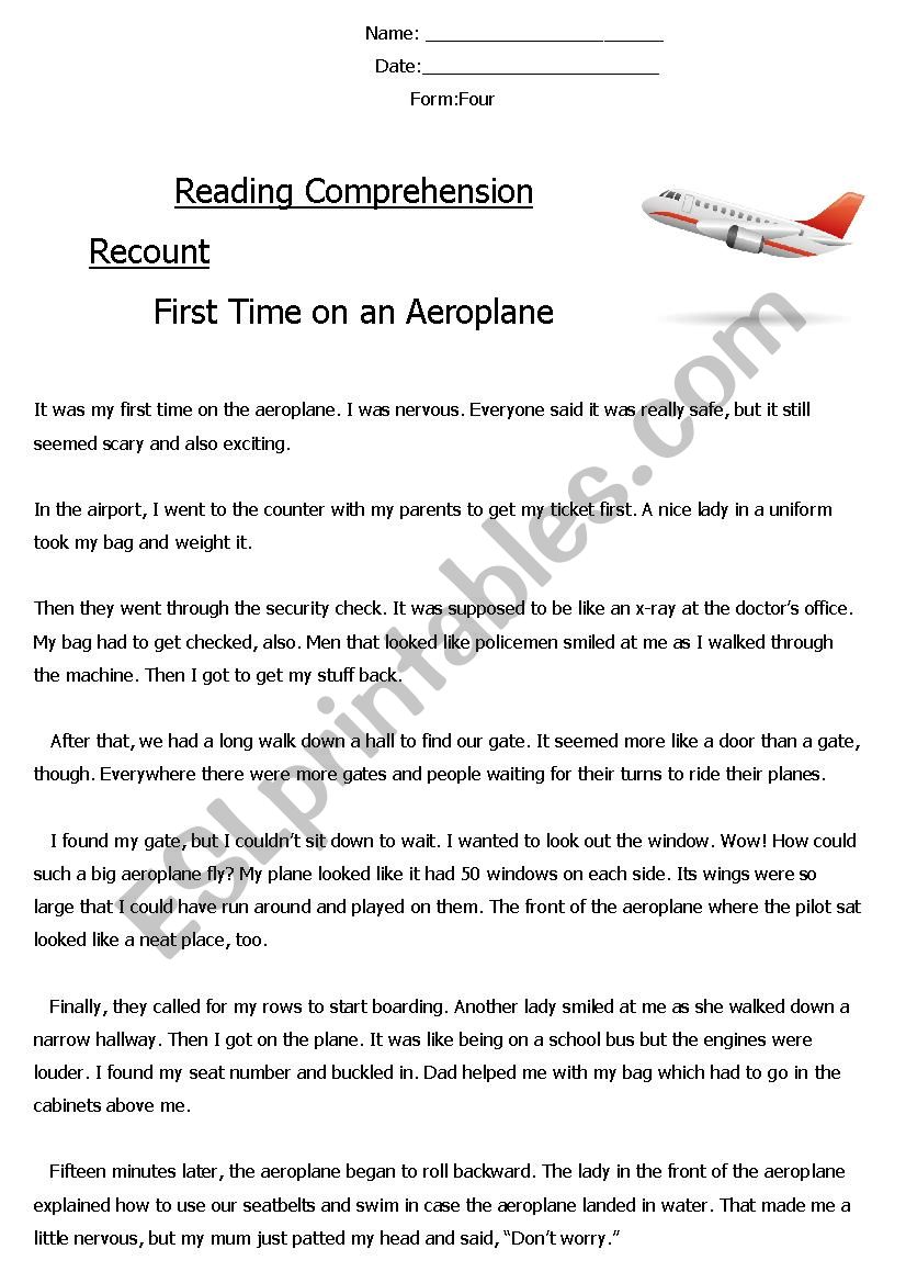 Reading Comprehension Recount (First Time on an Aeroplane) 