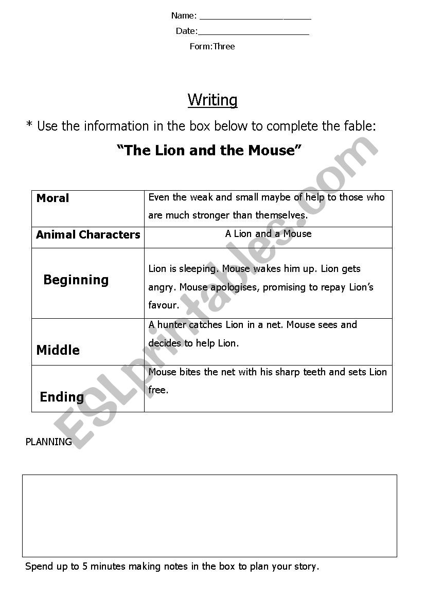 Writing Worksheet - Fable The Lion and the Mouse