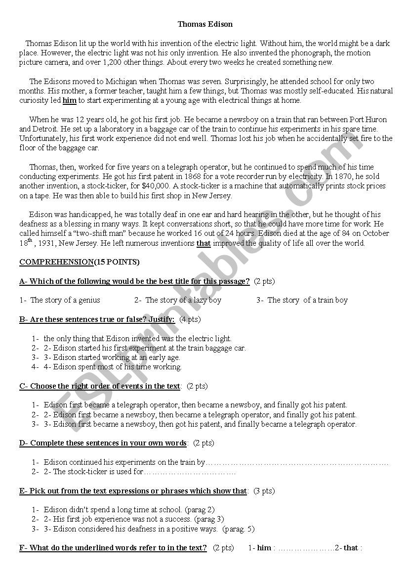 test comprehension worksheet