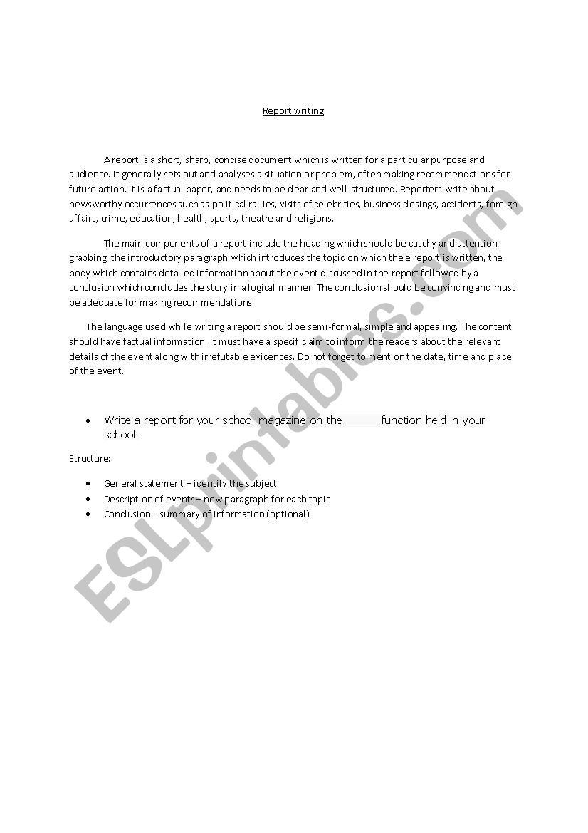 Report Writing worksheet