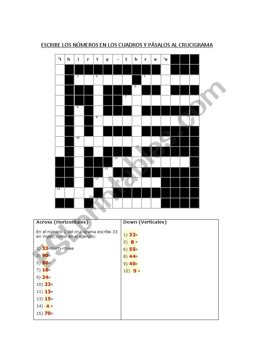 NUMBERS CROSSWORD worksheet