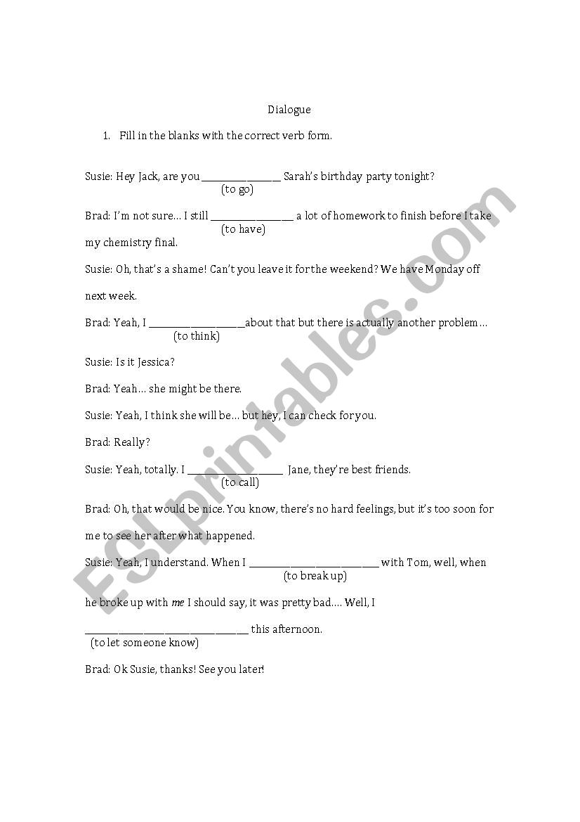 Verbs and Dialogue Practice. worksheet