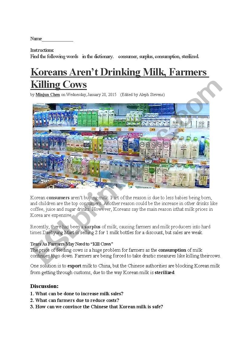 Milk Article for Debate worksheet
