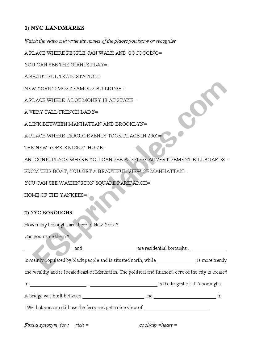 New York city landmarks worksheet