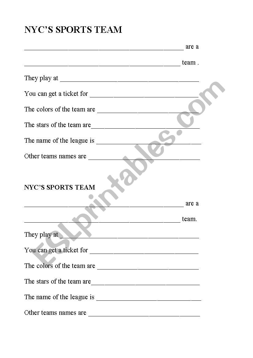 New ork citys sports team worksheet