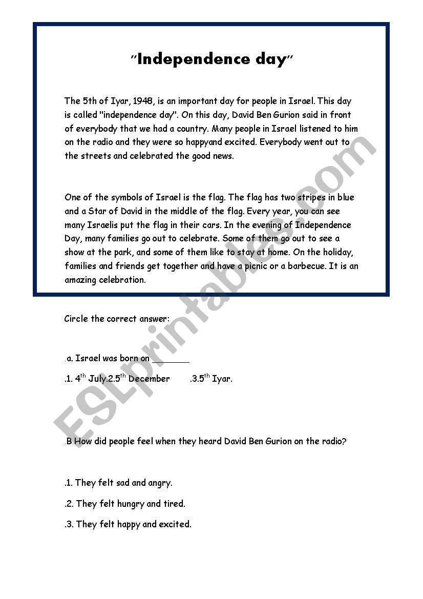 independence day of israel worksheet