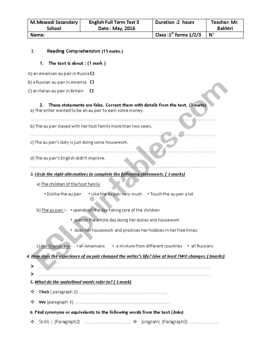 1st form full term 2 test worksheet