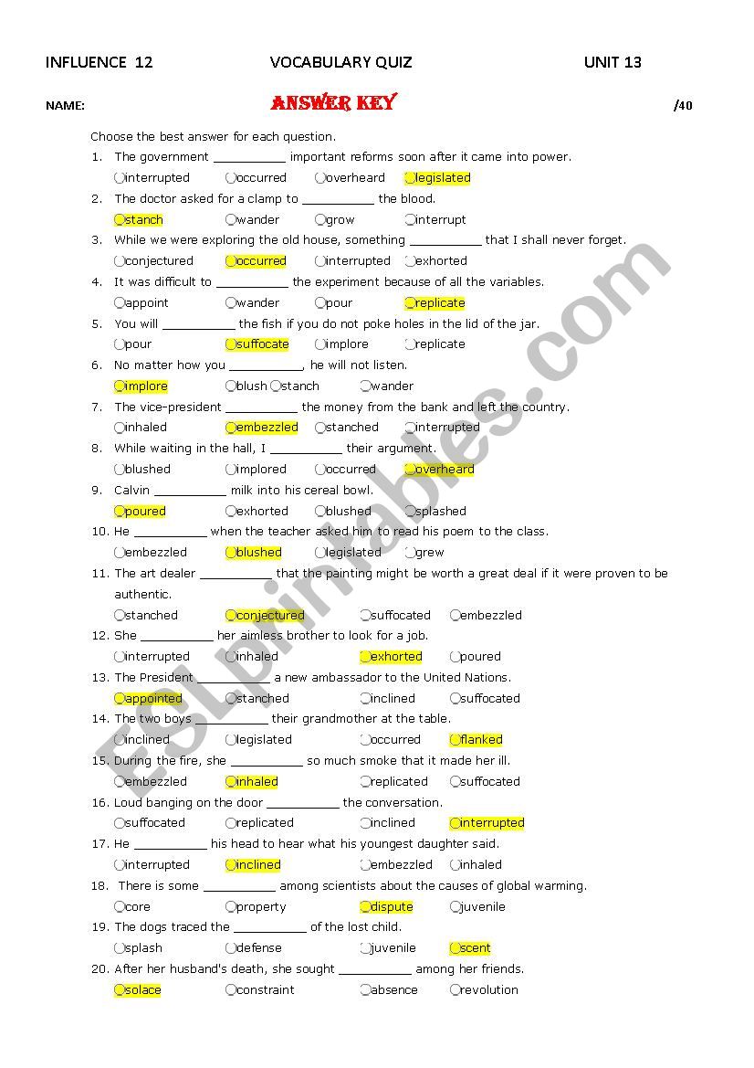 Influence 12 Unit 13 Vocabulary Quiz