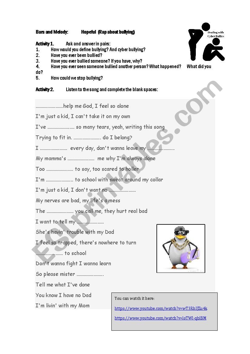 Write a Rap Song/ Bullying Rap - ESL worksheet by rjv29