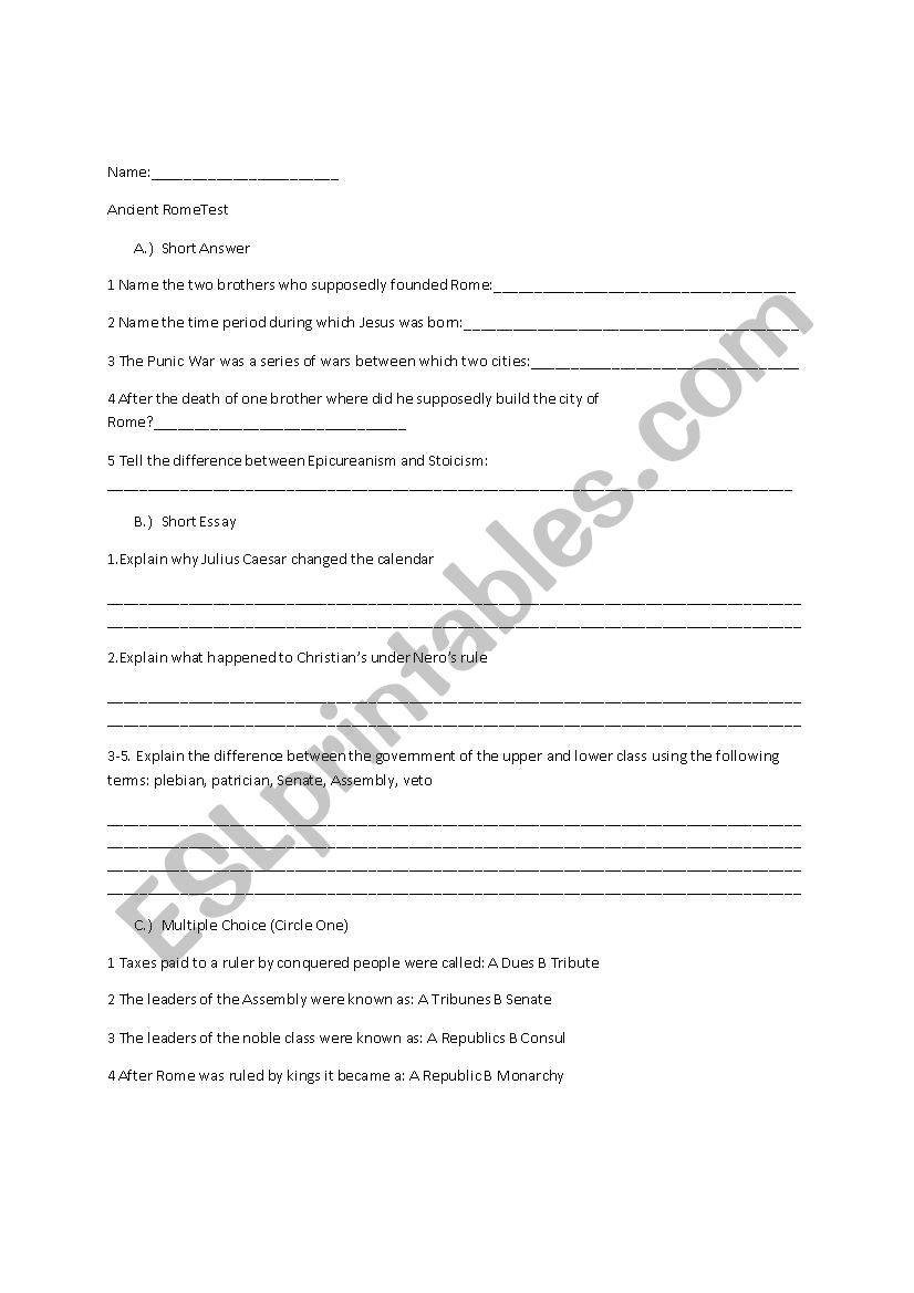 Ancient Rome Test worksheet