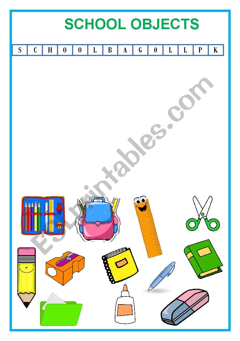 School objects wordsearch worksheet