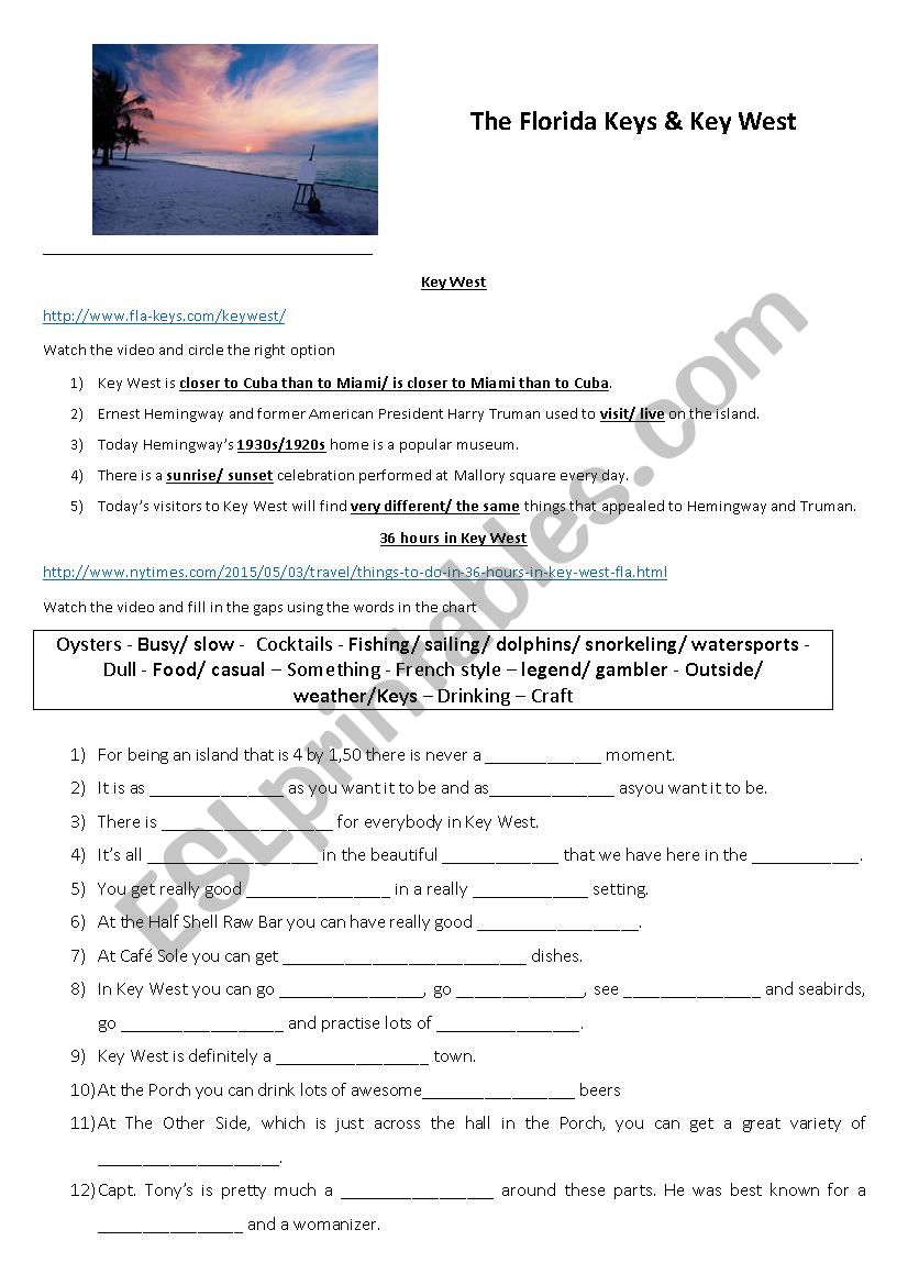 The Florida Keys worksheet