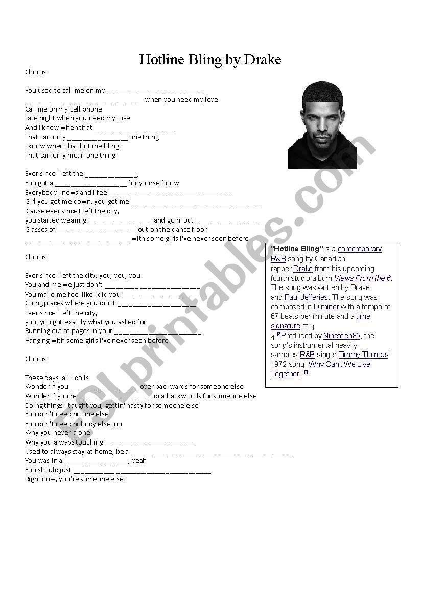 Hotline Bling - Drake worksheet