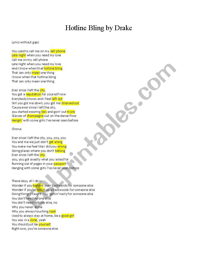 Hotline Bling Drake Esl Worksheet By Eddieinengland