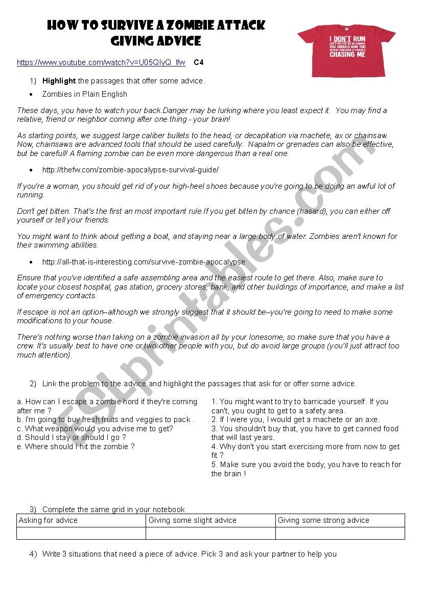 giving advice zombies worksheet