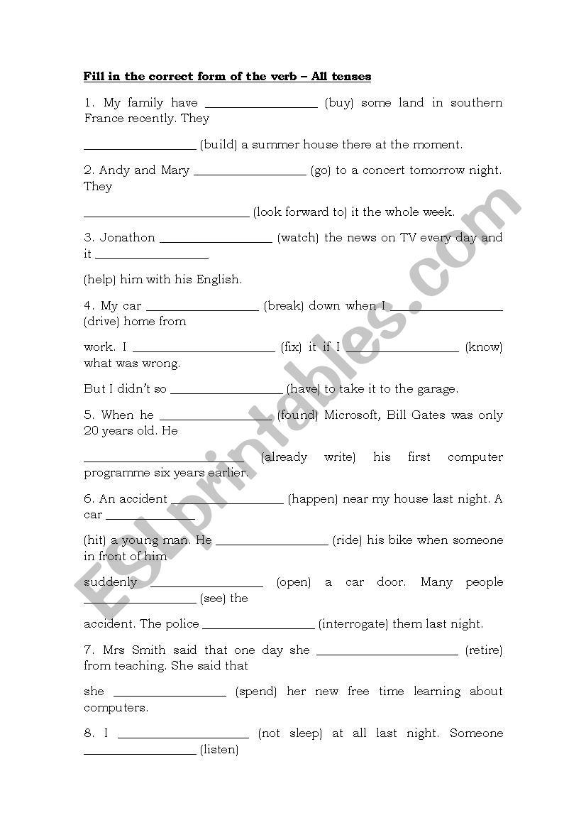 Mixed tenses 2 worksheet