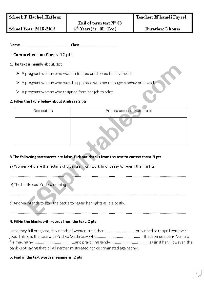 Bac Mock exam worksheet