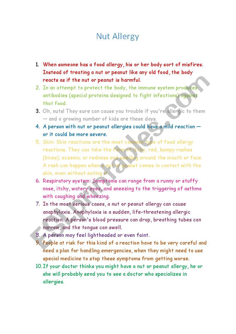 Nut allergy for kids worksheet