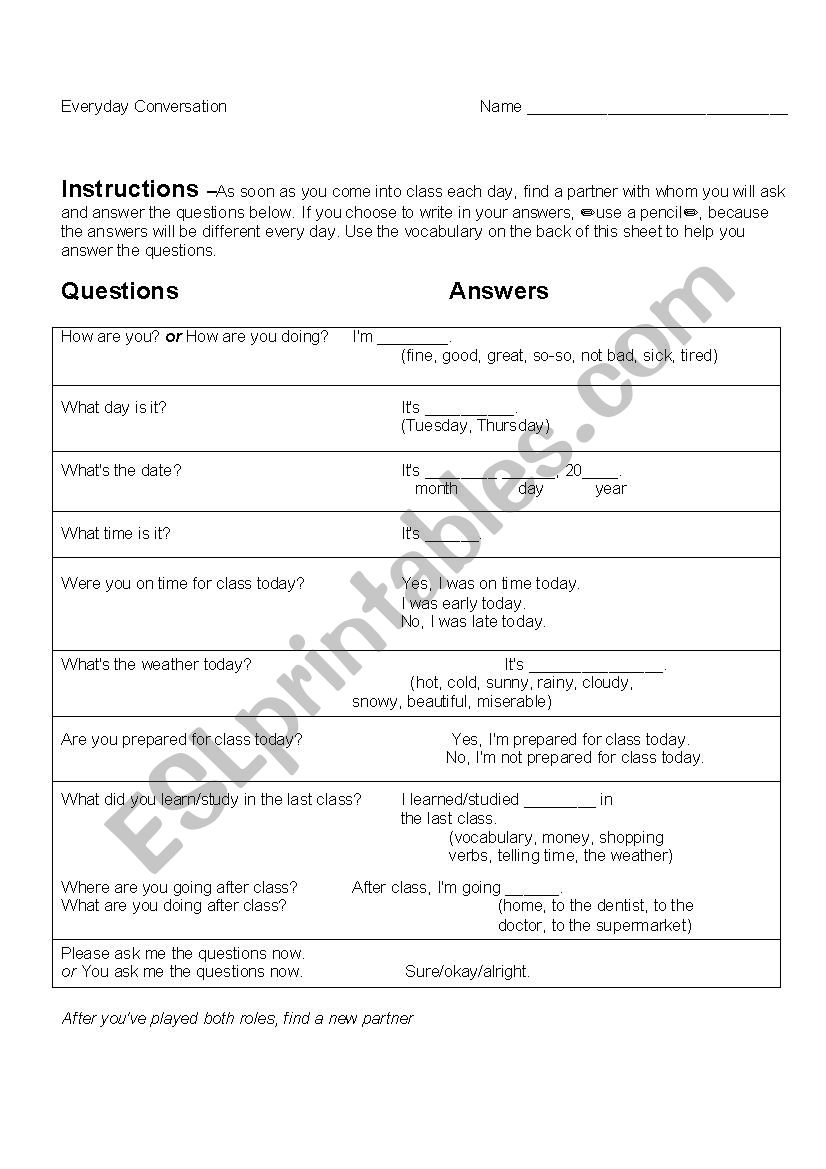 Everyday Conversation worksheet