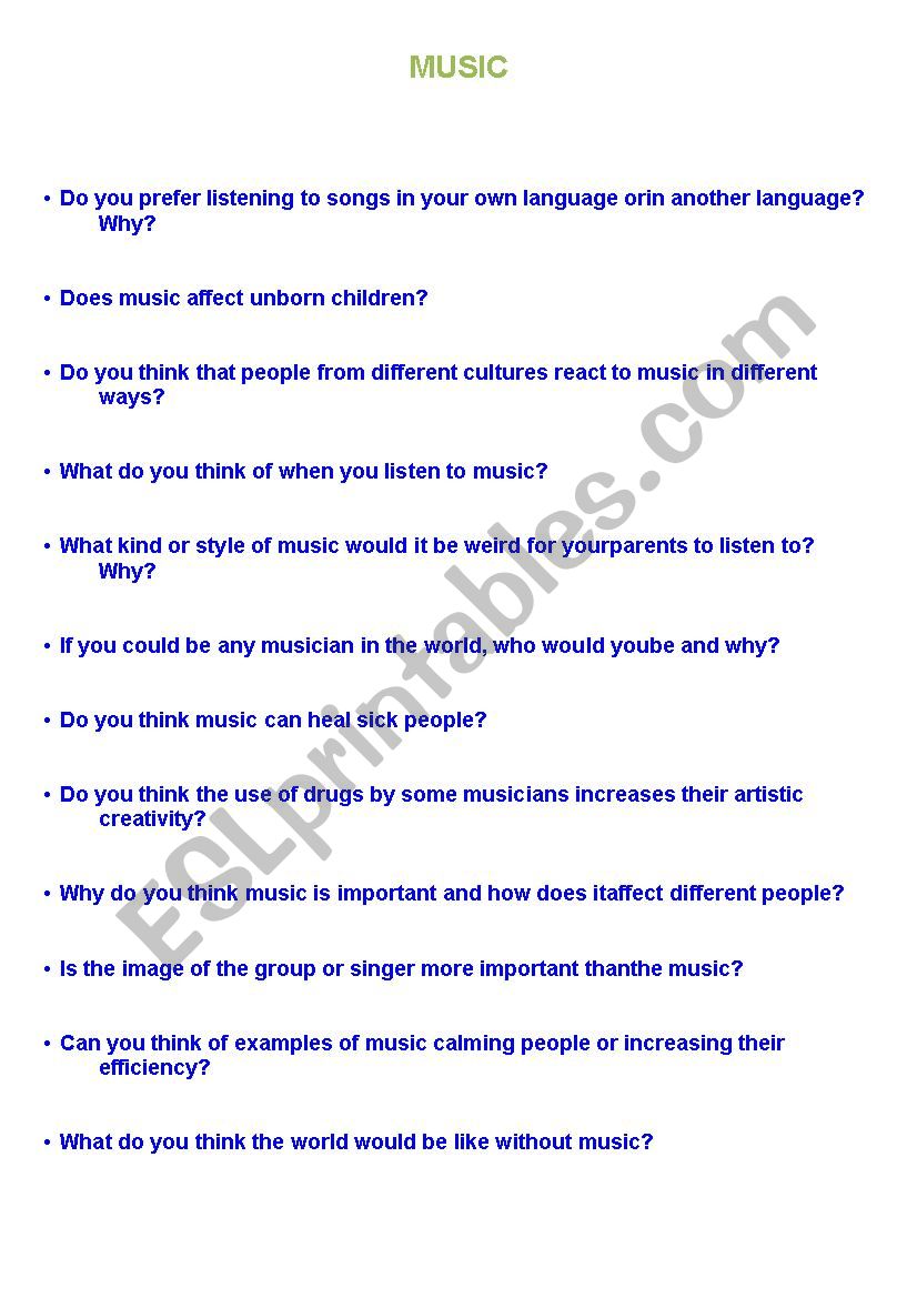 Music: 9 minute Discussions/Speeches - ESL worksheet by roseferreira