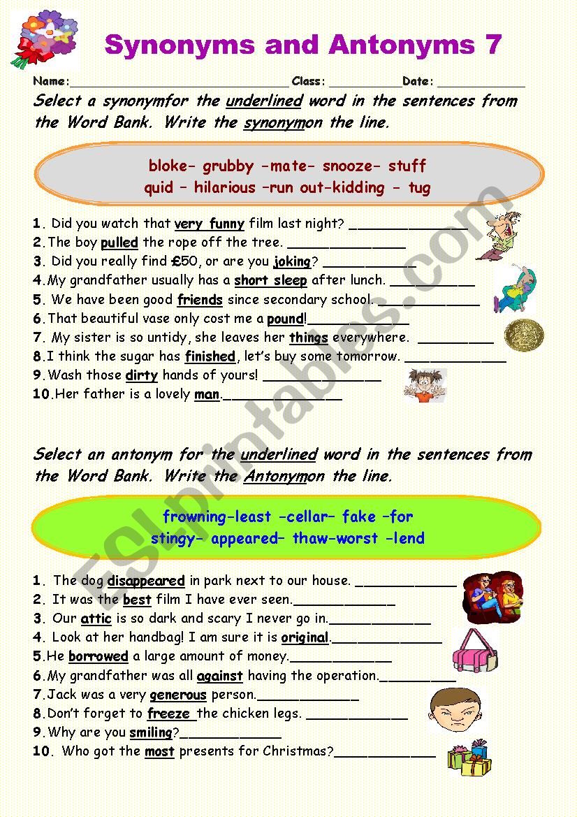 Synonyms vs Antonyms 7 worksheet