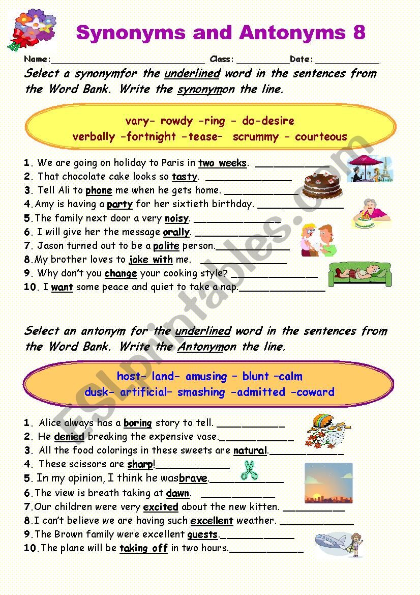 Synonyms vs Antonyms 8 worksheet