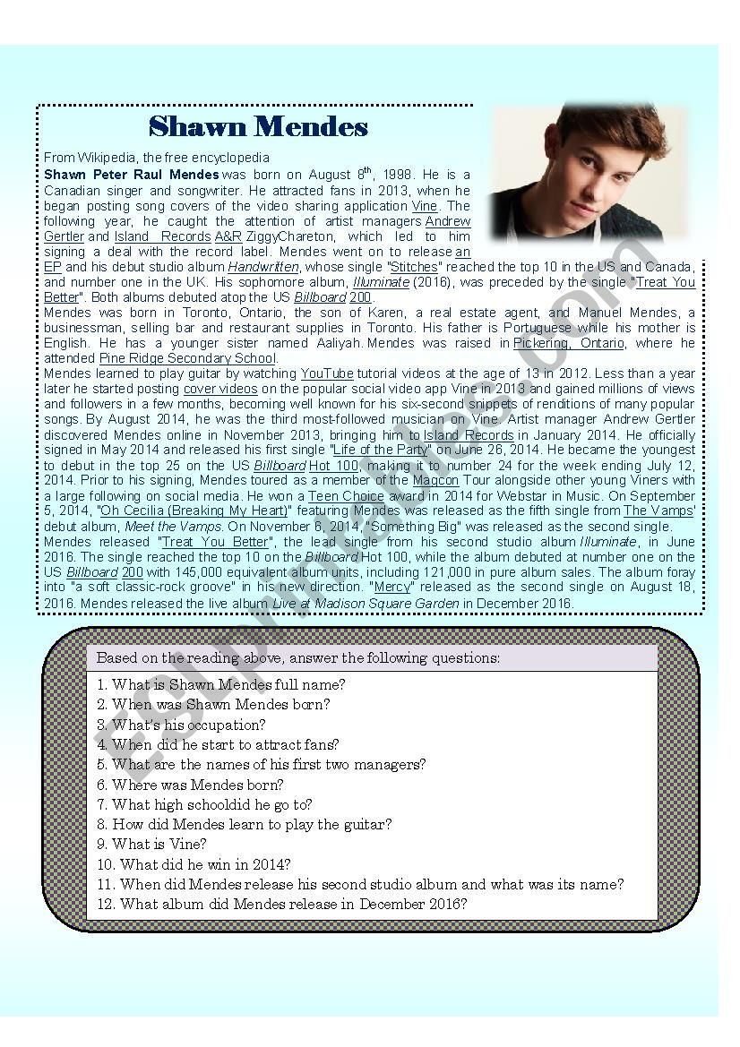 Shawn Mendes Biography worksheet