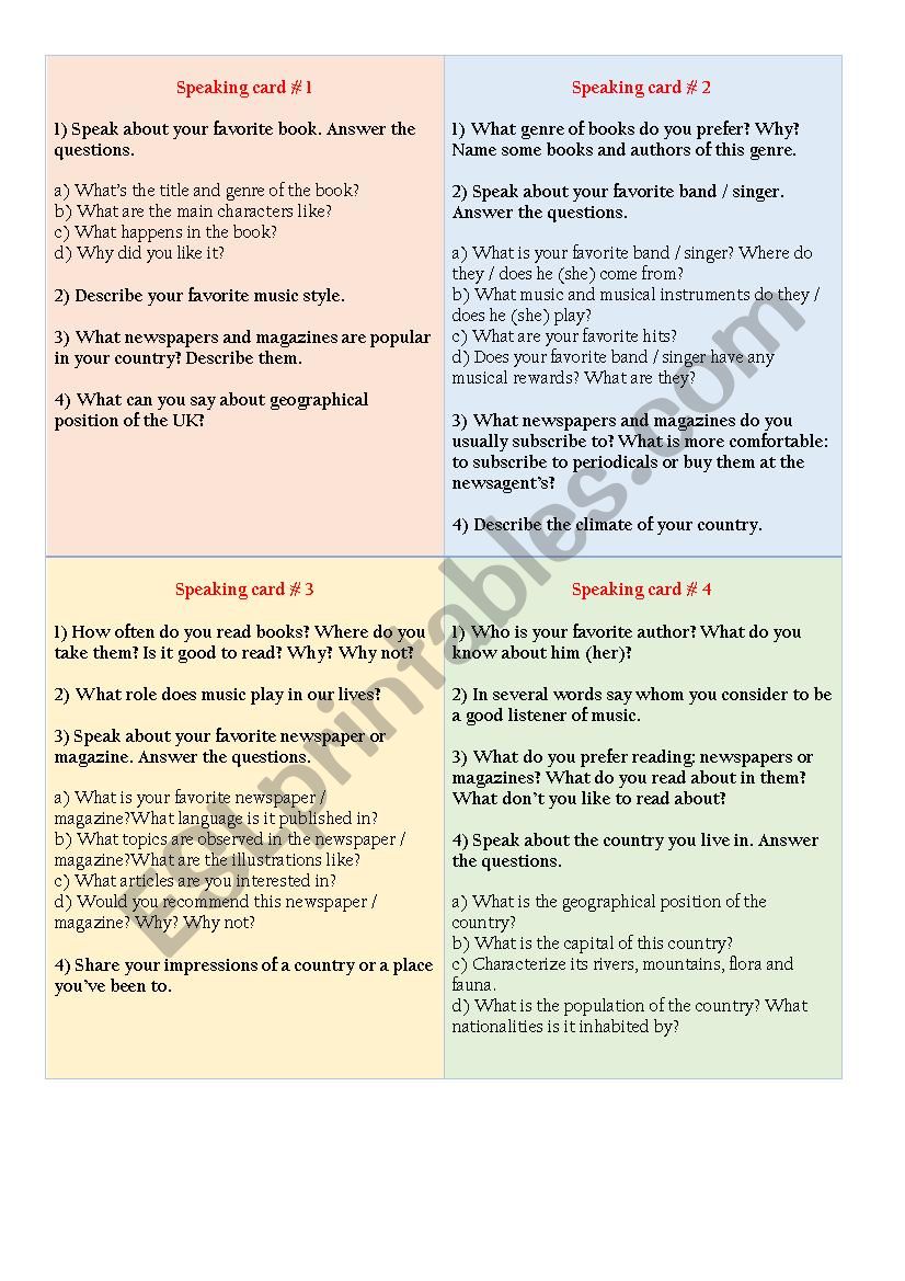 Term test in speaking worksheet