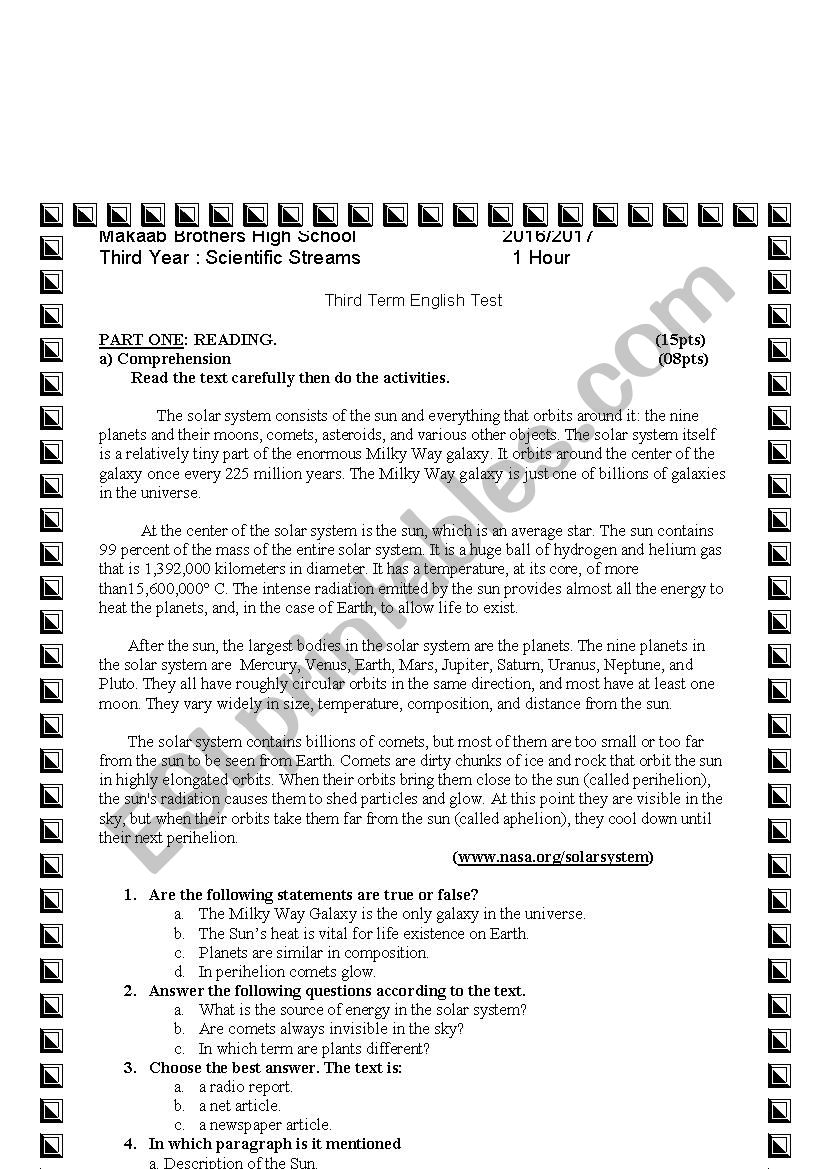 Third Year exam worksheet