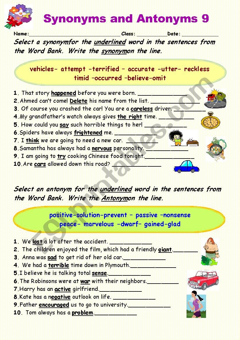 Synonyms vs Antonyms 9 worksheet