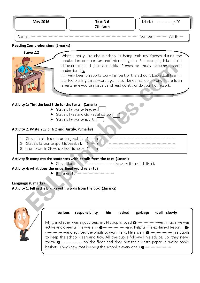 sixth test 7th form  worksheet