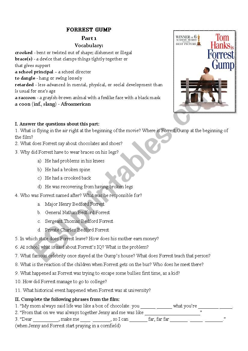 Forrest Gump Movie Worksheet Part I