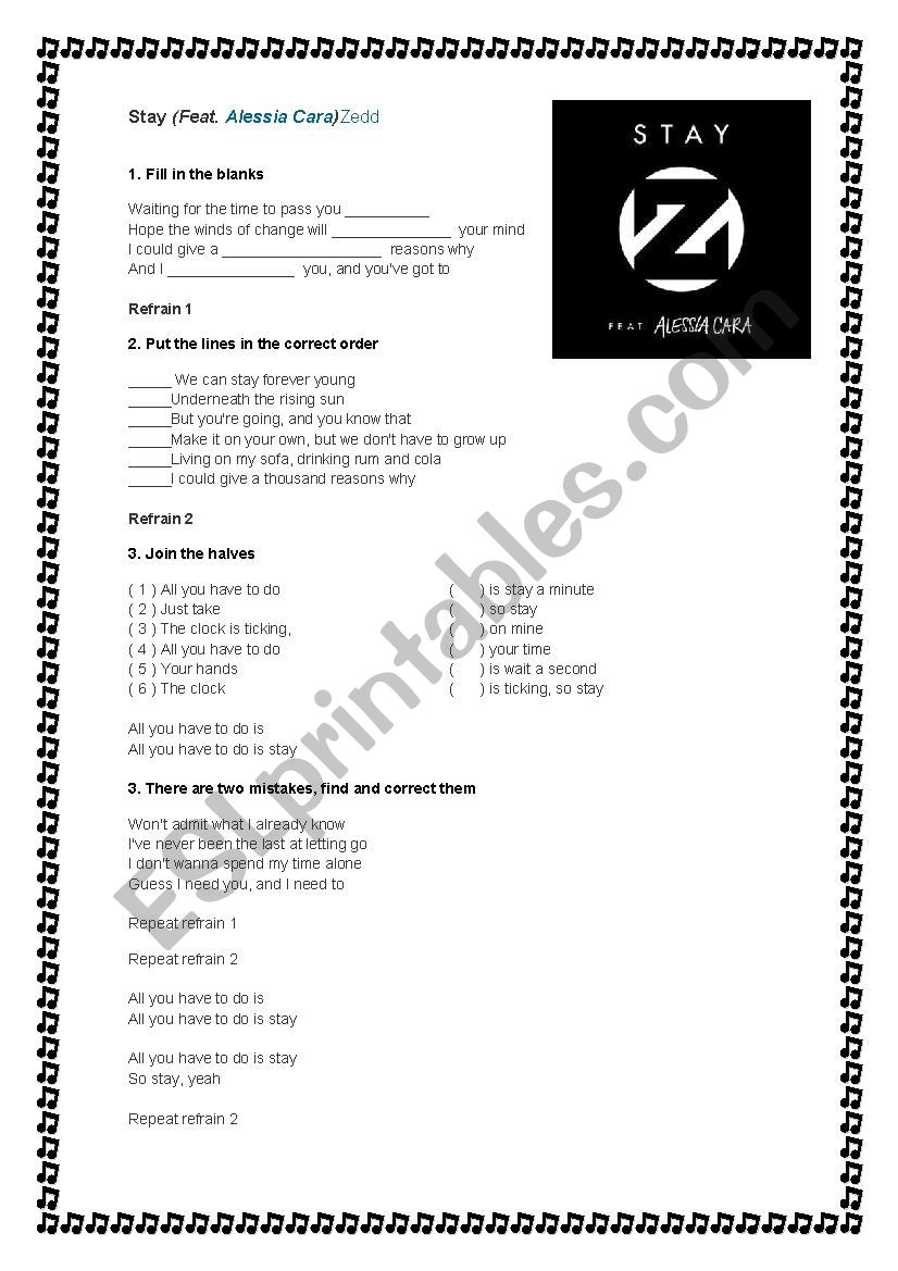 Stay - song activity worksheet