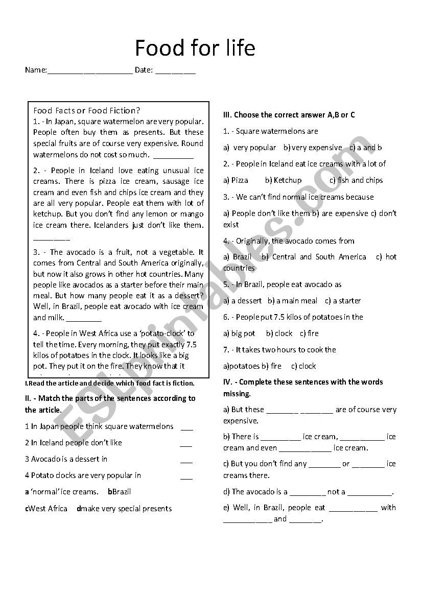 Reading Comprehension FOOD worksheet