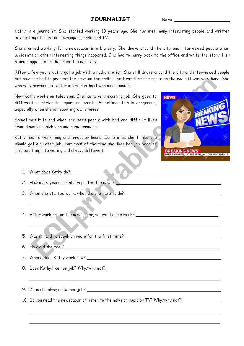 Kathy the journalist worksheet