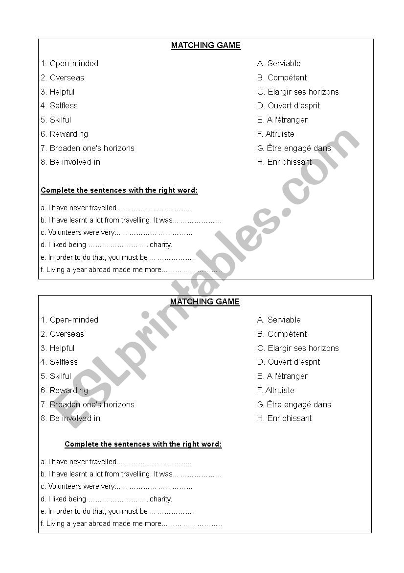 Matching Game - Qualities worksheet