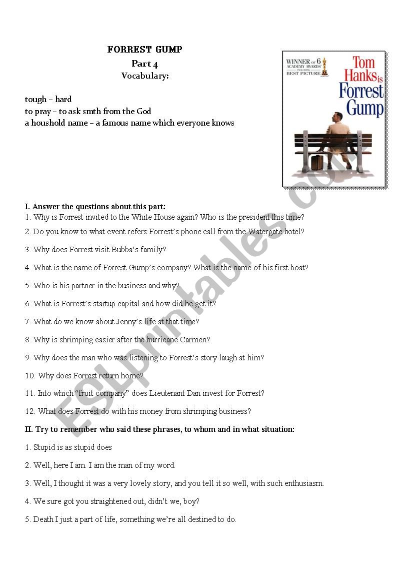 Forrest Gump Movie Worksheet Part IV