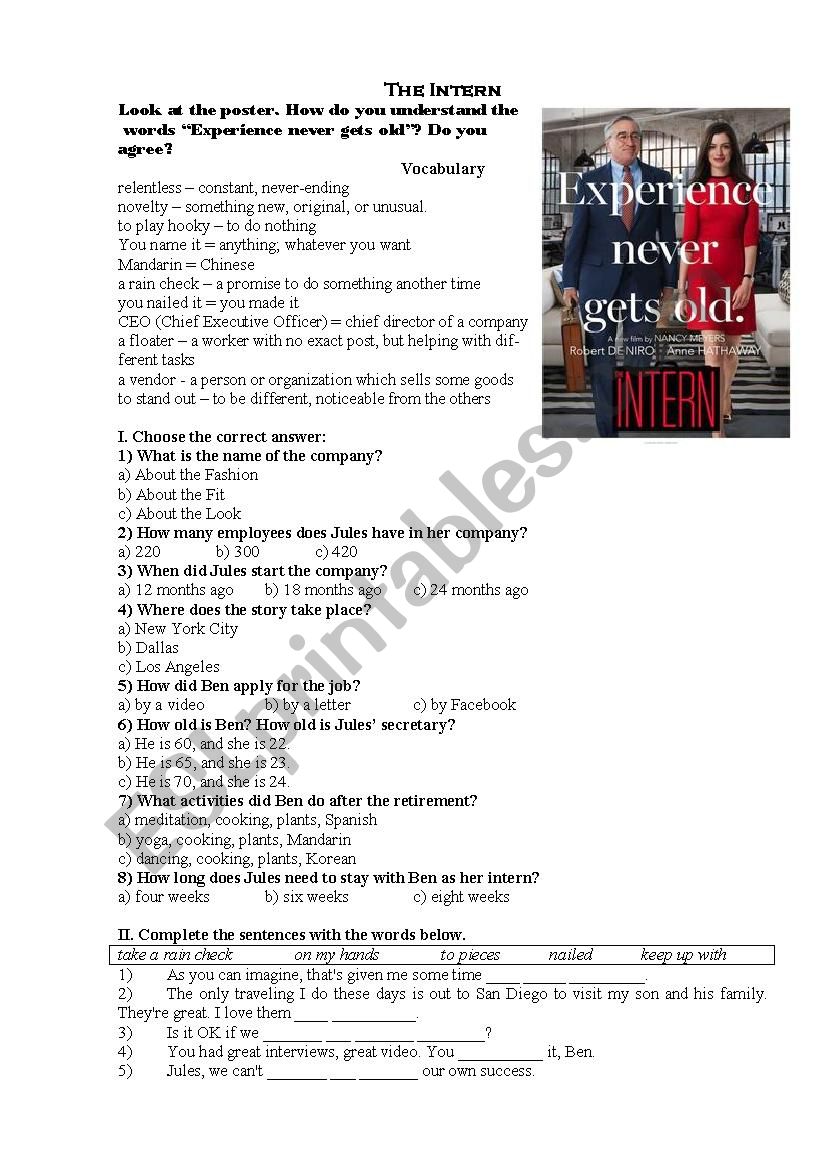 The Intern movie part 1 ESL worksheet by kawtanka87