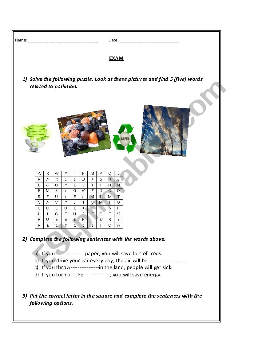 Exam about pollution worksheet