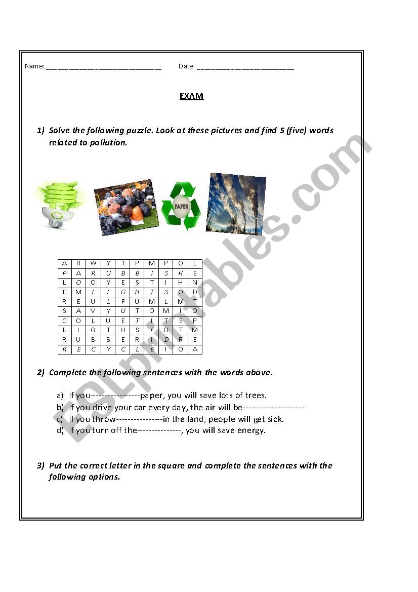 test on environment worksheet