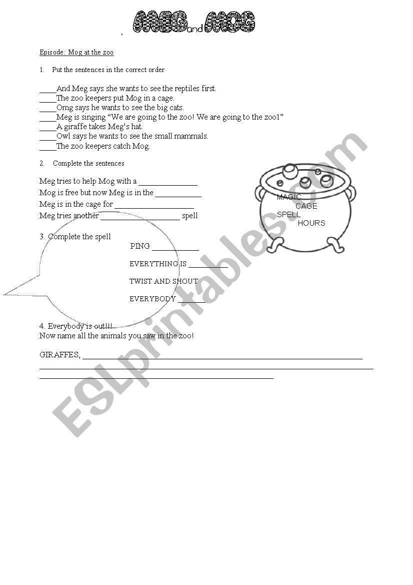 MEG and Mog Mog at the zoo worksheet