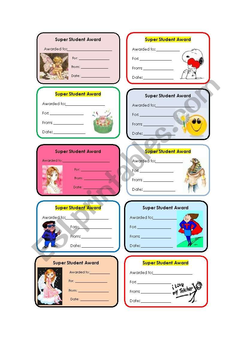 Super student awards worksheet