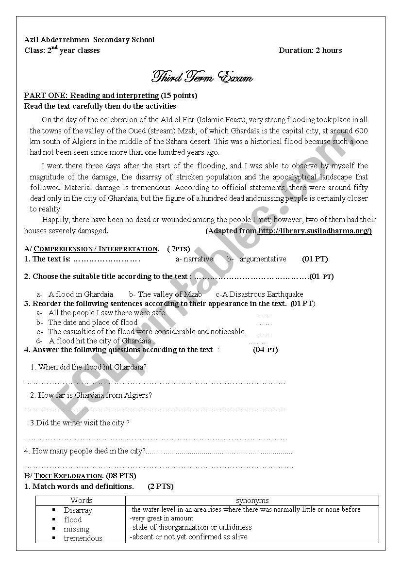 exam flood 2 year  worksheet