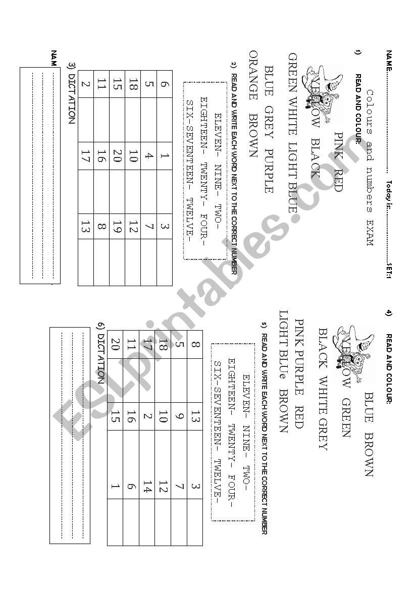 cOLOURS AND NUMBERS EXAM worksheet