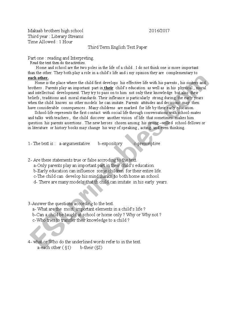 Third Year test worksheet