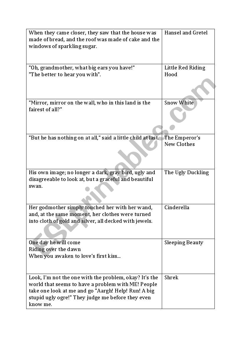 Famous fairytales puzzle worksheet