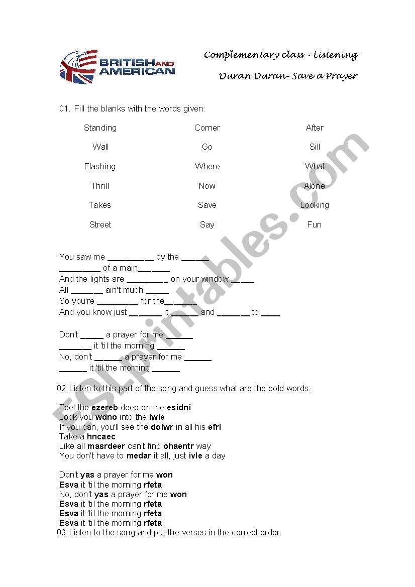 Duran Duran - Save a Prayer (Students worksheet)