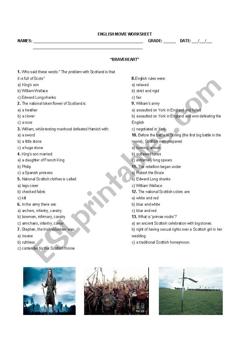 Brave Heart Movie Worksheet  worksheet
