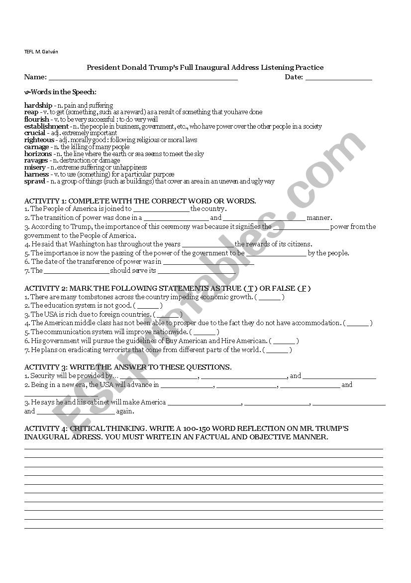 President Donald Trump Inaugural Address Listening Esl Worksheet